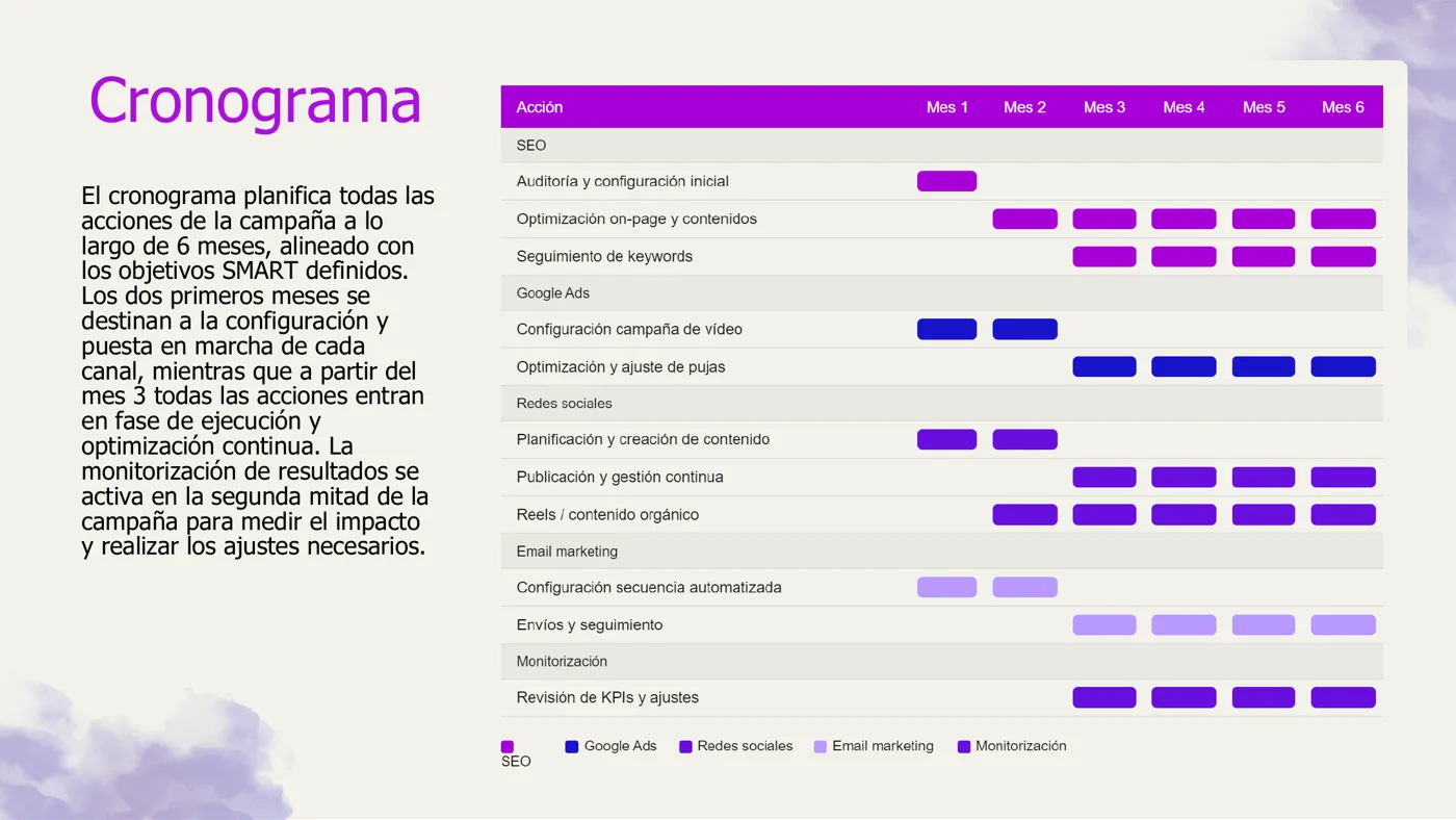 Cronograma de seis meses del plan de marketing de TribuOps